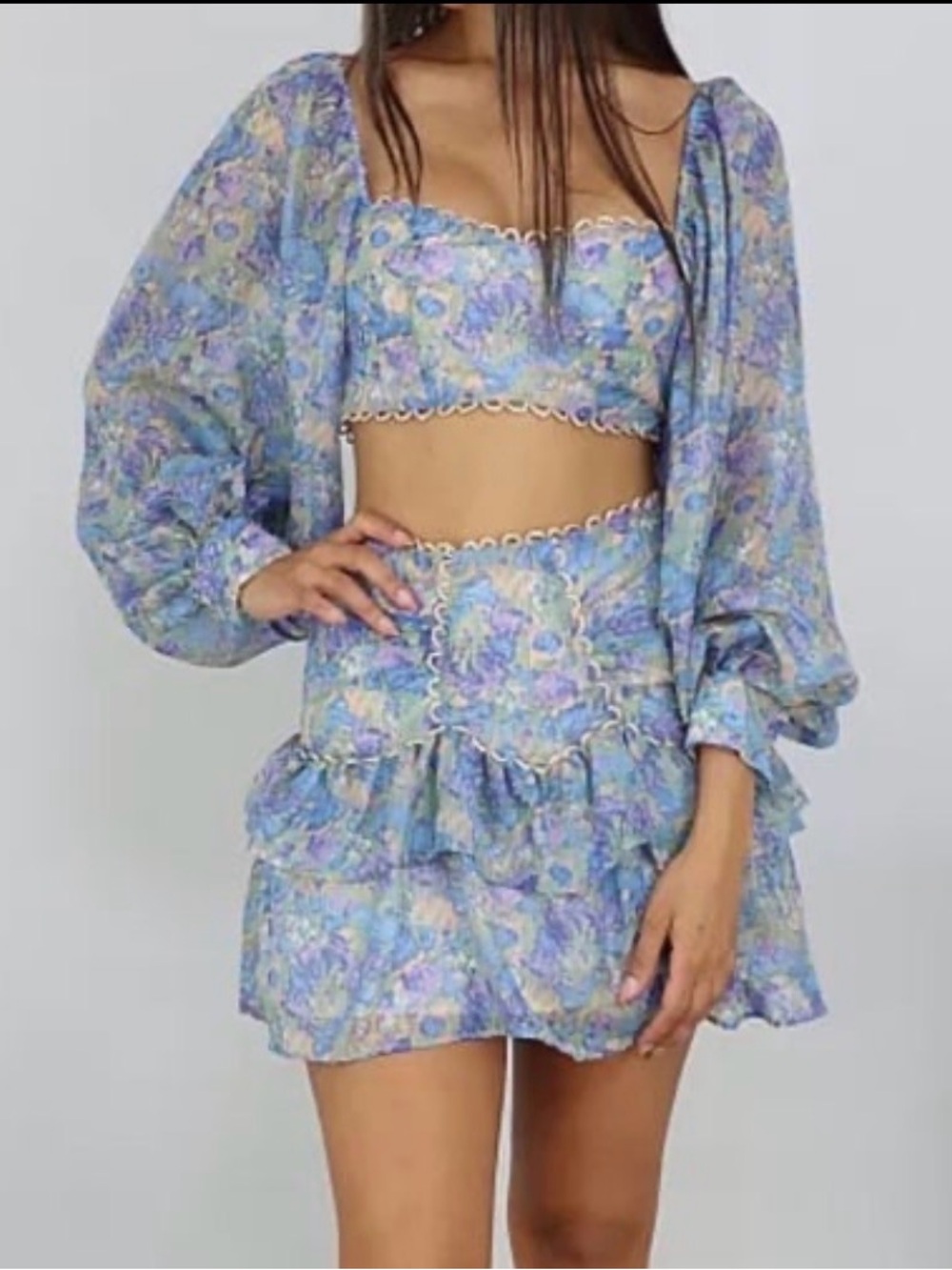SHEIN Floral Two-Piece Set Puff Sleeve Crop Top & Ruffle Skirt Size Small